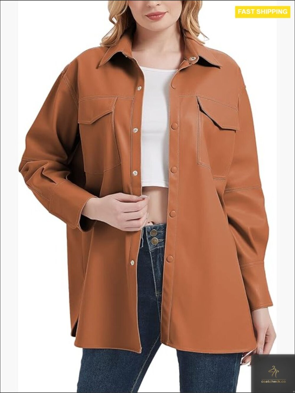 Faux Leather Shacket Jacket Loose Fit Button Down Long Sleeve Lapel Collar